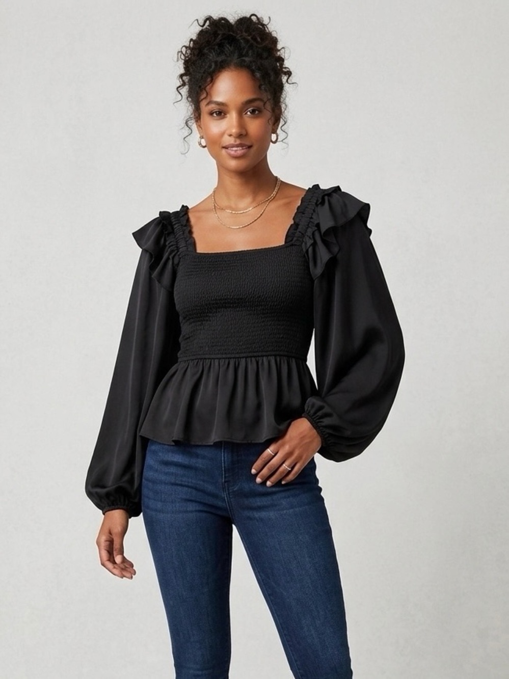 entro Black Smocked Peplum Ruffle Sleeve Blouse